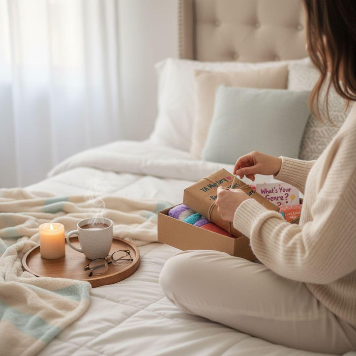 The image is an advertisement for a book titled "Blind Date with a Book" for a "Teen Edition" that includes a book box, mystery, fantasy adventure, cozy teen gifts, and a mystery novel.