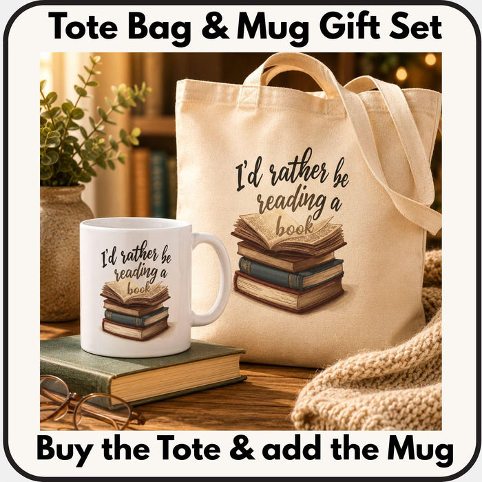 A beige tote bag with a printed design on it, depicting a stack of books. The text on the bag reads "I'd rather be reading a book".
