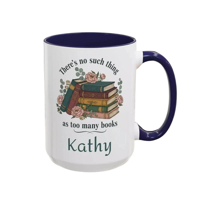 a tote bag and a mug with a printed design, including a stack of books and the text "There's no such thing as too many books" and "There's no such thing as too many books" on them. The items are placed on a table with some greenery, and there is a text overlay that reads "Tote Bag & Mug Gift Set" and "Buy the Tote & add the Mug".