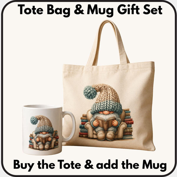 a tote bag and a mug with a gnome sitting on a stack of books, both with a knitted hat on.