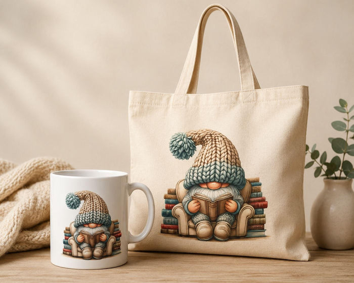 a tote bag and a mug with a gnome sitting on a stack of books, both with a knitted hat on.