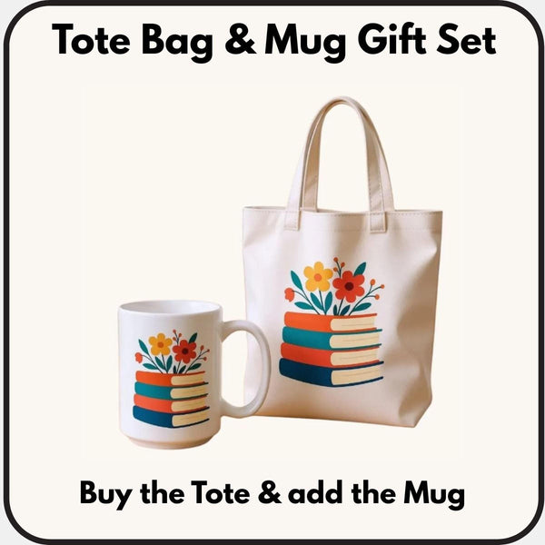 A tote bag and a mug with a floral design, both featuring a stack of books and colorful flowers.