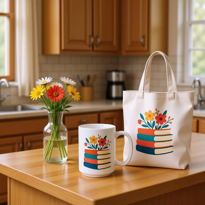 A tote bag with a floral design on it, featuring a stack of colorful books with flowers on top.