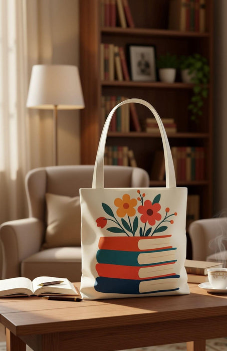 A tote bag with a floral design on it, featuring a stack of colorful books with flowers on top.