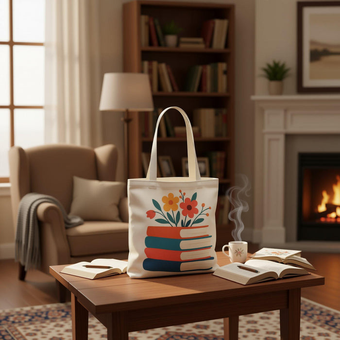 A tote bag with a floral design on it, featuring a stack of colorful books with flowers on top.