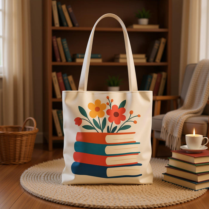 A tote bag with a floral design on it, featuring a stack of colorful books with flowers on top.