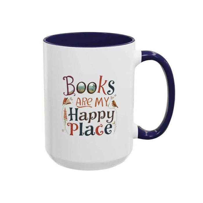A tote bag and a mug with the text "Books are my Happy Place" printed on them, along with a book and a pen.