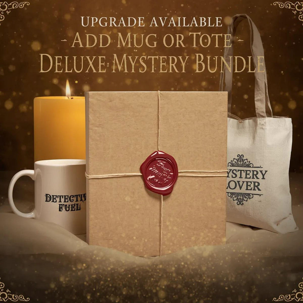a brown cardboard box with a red wax seal, a white tote bag, and a white mug with black text. The text on the items reads "Detective Fuels" and "Mystery Lover".