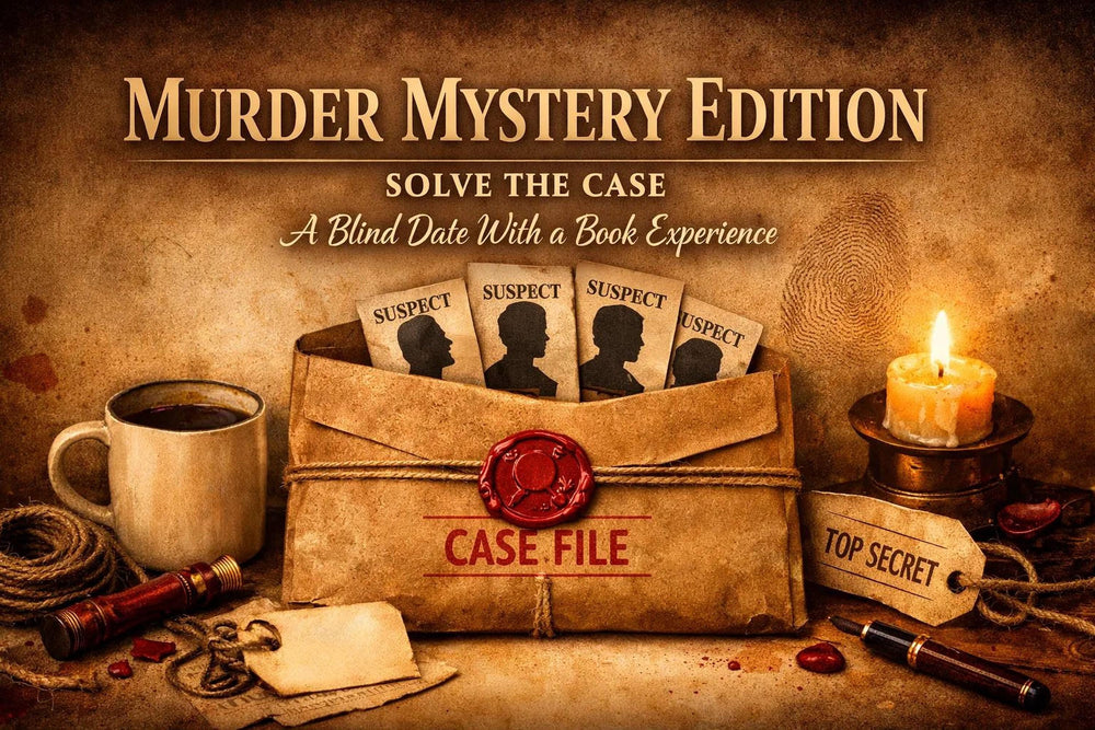 The image is an advertisement for a "Murder Mystery Edition" that includes a book and a blind date experience. It features a book with a red seal, a candle, and various other items related to the mystery genre.