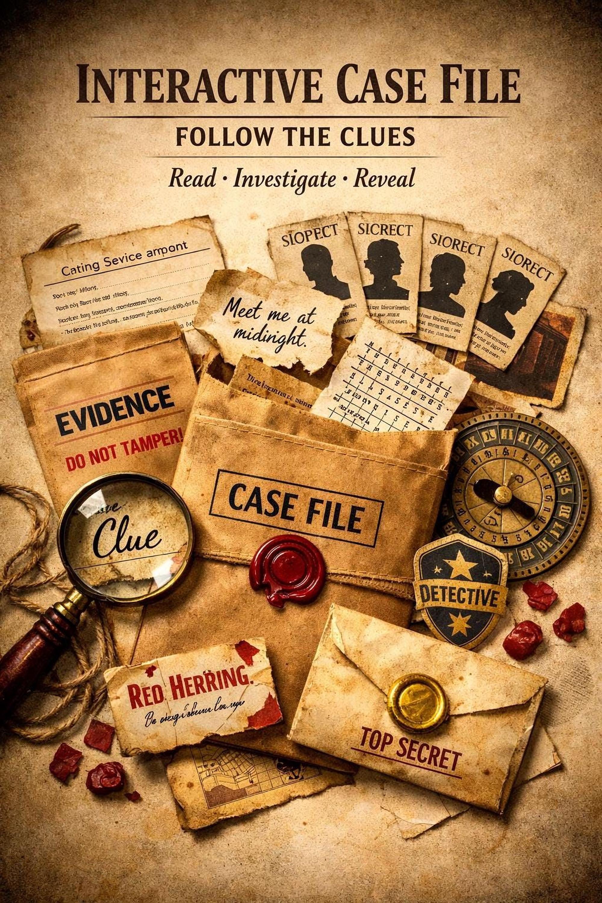 The image is an advertisement for an interactive case file, featuring various clues and items related to a mystery or investigation.