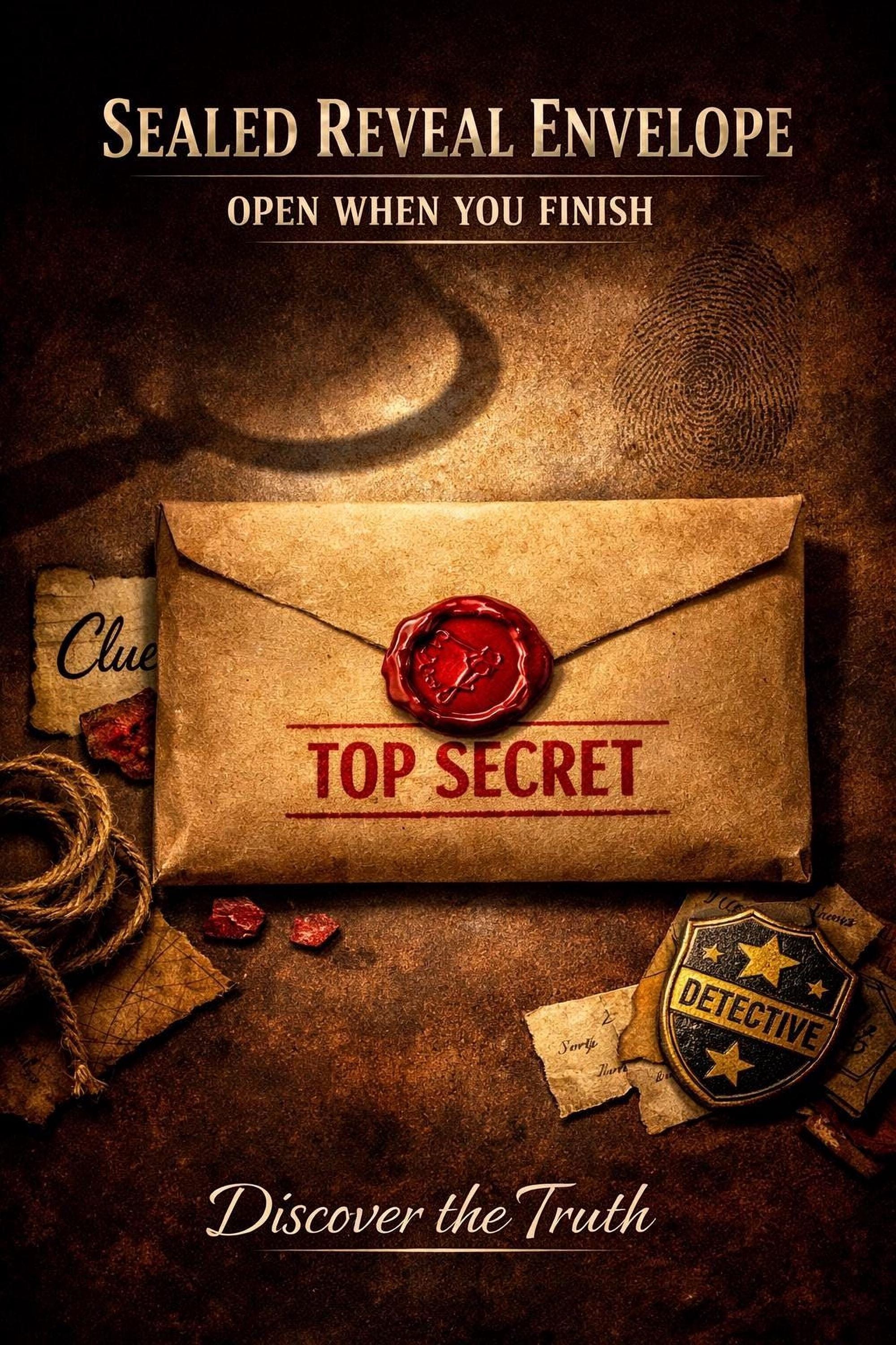 The image is a poster for a mystery-themed event, featuring a sealed envelope with a red wax seal, a magnifying glass, and various clues and items associated with a detective investigation.