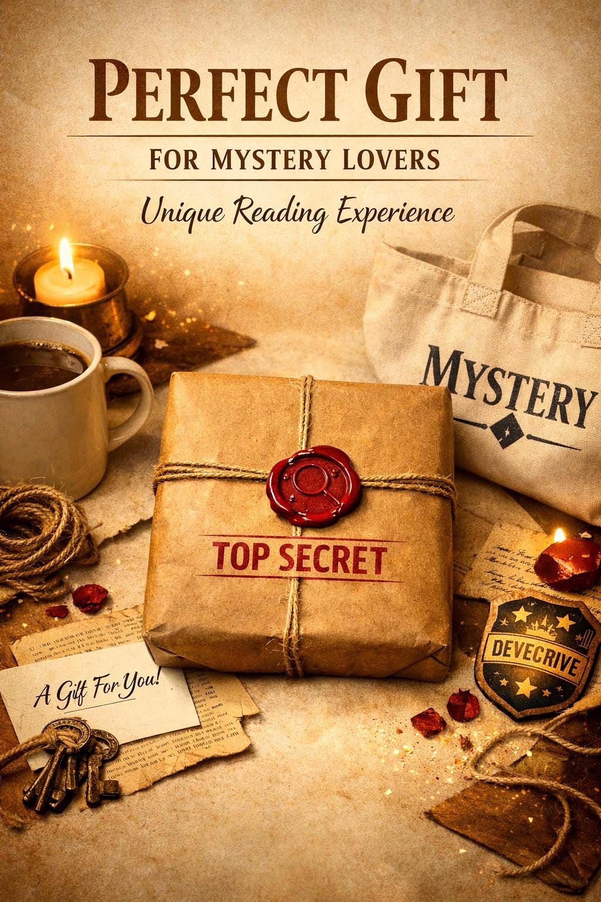The image is a poster for a "Perfect Gift for Mystery Lovers" that includes a wrapped package labeled "TOP SECRET", a "Mystery" bag, a "Top Secret" card, a "Top Secret" keychain, and various other items such as a candle, a mug, and a book.
