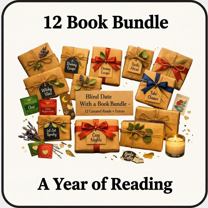 A collection of wrapped books and reading materials, including a "Blind Date With a Book Bundle" that includes 12 curated books and extra items, presented in a visually appealing manner.