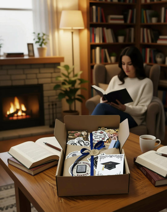 The image is a graduation gift box containing a book, a mug, and some tea bags, along with a congratulatory card and confetti.