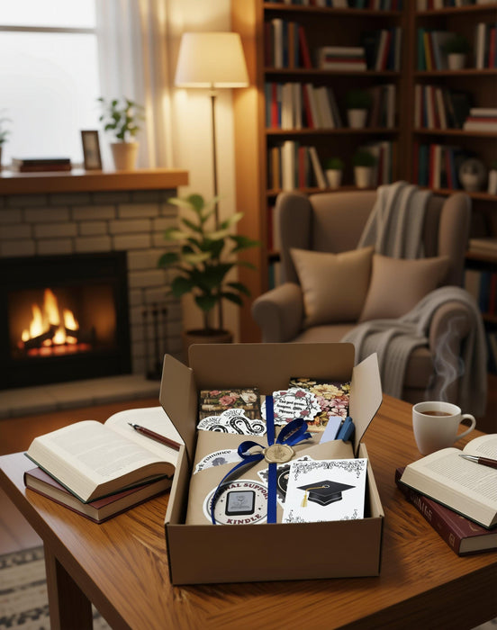 The image is a graduation gift box containing a book, a mug, and some tea bags, along with a congratulatory card and confetti.