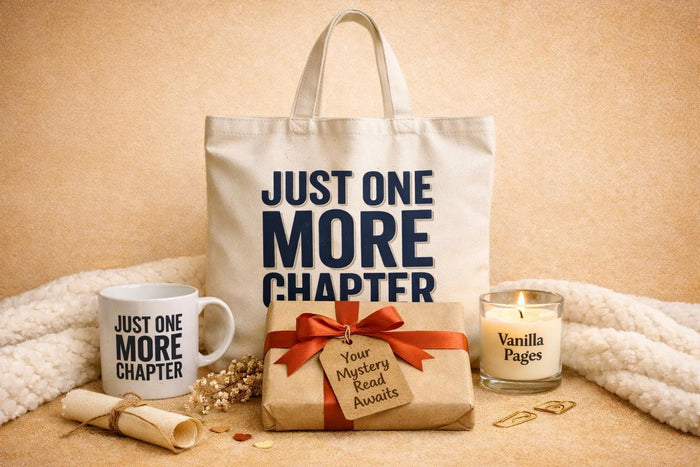 a gift set consisting of a tote bag, a mug, and a candle, all with the text "Blind Date with a Book" printed on them.