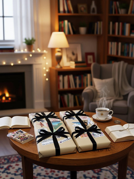 two wrapped books with red ribbons, along with various items such as tea bags, a mug, and a scroll. The text overlay reads "Blind Date with a Book" and "BONUS Extras".