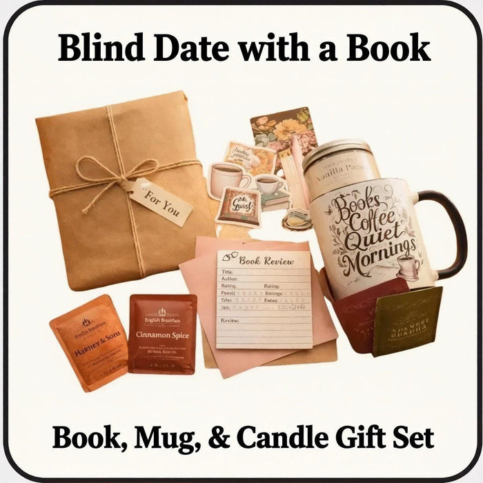 The image is a gift set consisting of a book, a mug, and a candle, with a tag that reads "For You".