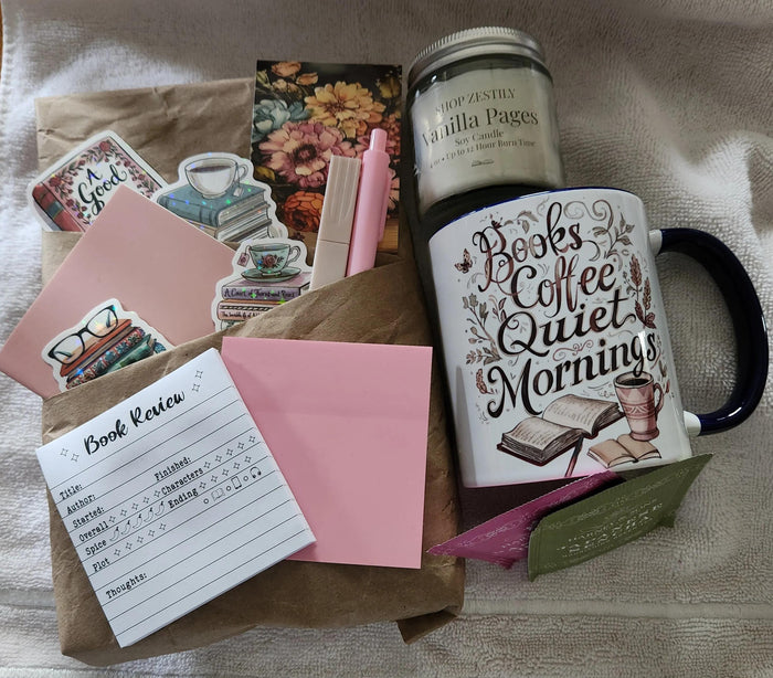 The image is a gift set consisting of a book, a mug, and a candle, with a tag that reads "For You".