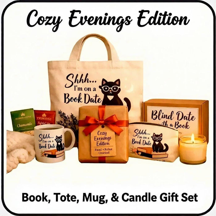 a collection of items related to the theme of "Cozy Summer Evenings", including a book, a candle, a mug, and a tote bag.