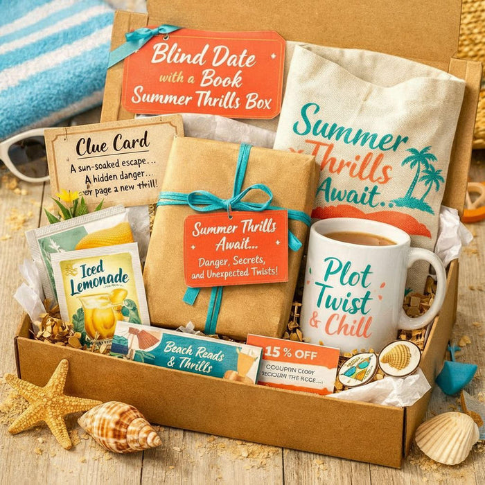 A box filled with various summer-themed items, including a book, a mug, a puzzle, and other beach-related objects, along with a sign that says "Summer Thrills Edition".
