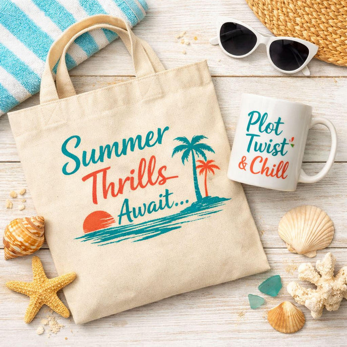 A box filled with various summer-themed items, including a book, a mug, a puzzle, and other beach-related objects, along with a sign that says "Summer Thrills Edition".