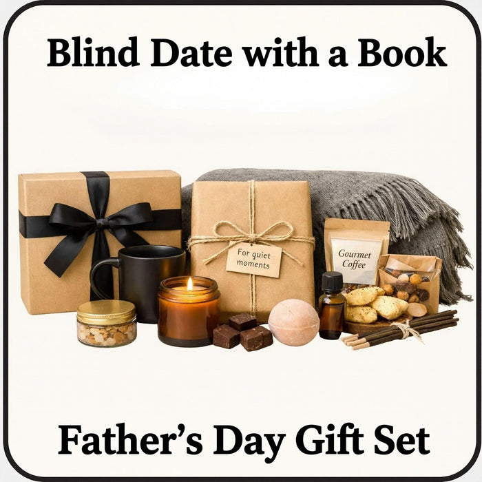 a Father's Day gift set, including a book, a candle, a coffee cup, a blanket, and other items arranged on a table.