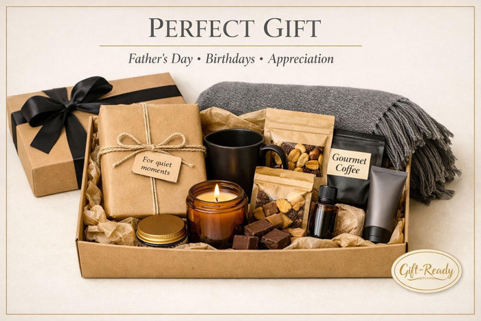 a Father's Day gift set, including a book, a candle, a coffee cup, a blanket, and other items arranged on a table.