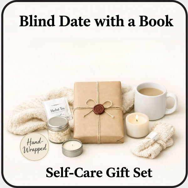 a set of self-care items, including a wrapped package, a candle, a mug, and a pair of gloves, arranged on a white background.