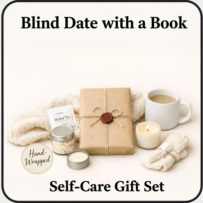 a set of self-care items, including a wrapped package, a candle, a mug, and a pair of gloves, arranged on a white background.