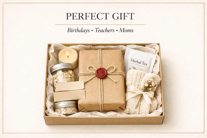 a set of self-care items, including a wrapped package, a candle, a mug, and a pair of gloves, arranged on a white background.