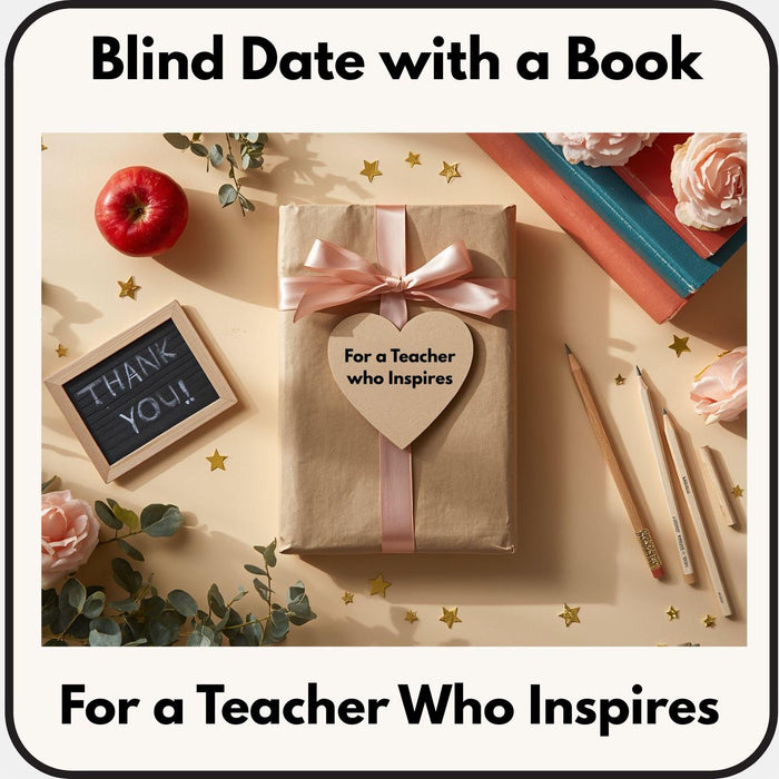 a book wrapped in brown paper with a heart-shaped tag that reads "For a Teacher who Inspires", along with other school supplies such as pencils, a chalkboard, and flowers.