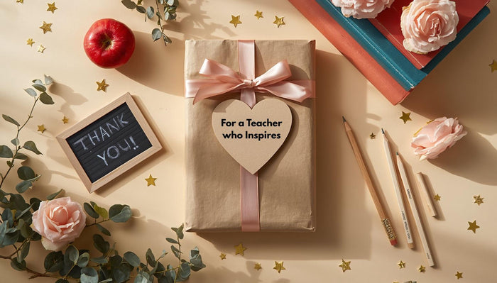 a book wrapped in brown paper with a heart-shaped tag that reads "For a Teacher who Inspires", along with other school supplies such as pencils, a chalkboard, and flowers.