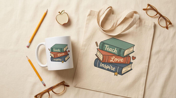 a book wrapped in brown paper with a heart-shaped tag that reads "For a Teacher who Inspires", along with other school supplies such as pencils, a chalkboard, and flowers.