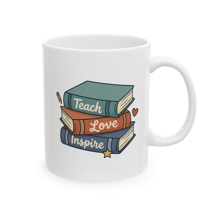 a book wrapped in brown paper with a heart-shaped tag that reads "For a Teacher who Inspires", along with other school supplies such as pencils, a chalkboard, and flowers.