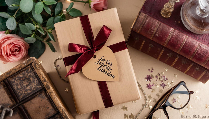 a book wrapped in brown paper with a red ribbon, a pair of glasses, and some books and flowers on a table.