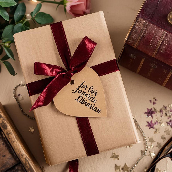 a book wrapped in brown paper with a red ribbon, a pair of glasses, and some books and flowers on a table.