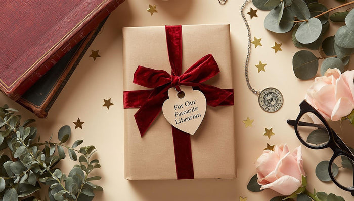 a book wrapped in brown paper with a red ribbon, a pair of glasses, and some books and flowers on a table.