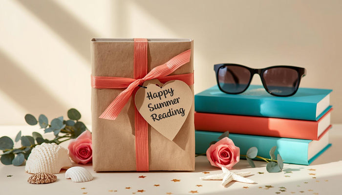 a book with a heart-shaped tag that says "Happy Summer Reading" and a pair of sunglasses on a table with a stack of books and seashells.