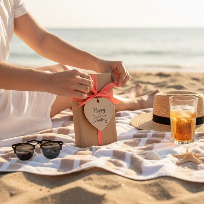 a book with a heart-shaped tag that says "Happy Summer Reading" and a pair of sunglasses on a table with a stack of books and seashells.