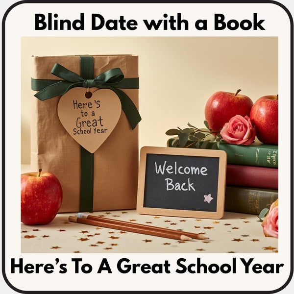 a book, a heart-shaped tag, a chalkboard sign, apples, pencils, and books, all arranged on a table with a "Welcome Back" sign.