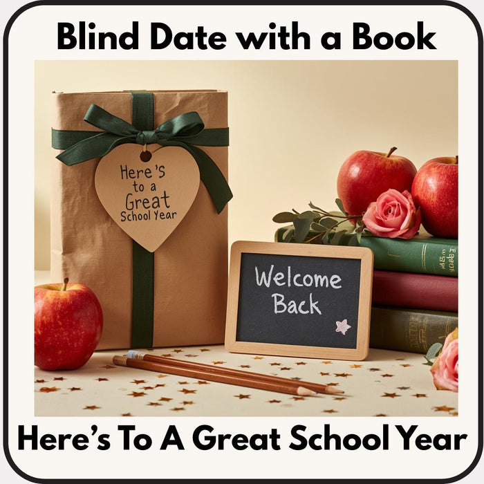 a book, a heart-shaped tag, a chalkboard sign, apples, pencils, and books, all arranged on a table with a "Welcome Back" sign.