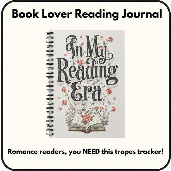The image is a book cover for a reading journal with a floral design and an open book illustration.