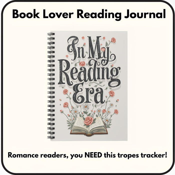 The image is a book cover for a reading journal with a floral design and an open book illustration.