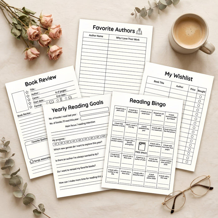 The image is a book cover for a reading journal with a floral design and an open book illustration.