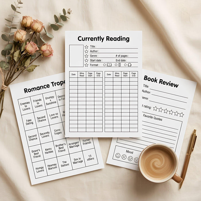 The image is a book cover for a reading journal with a floral design and an open book illustration.
