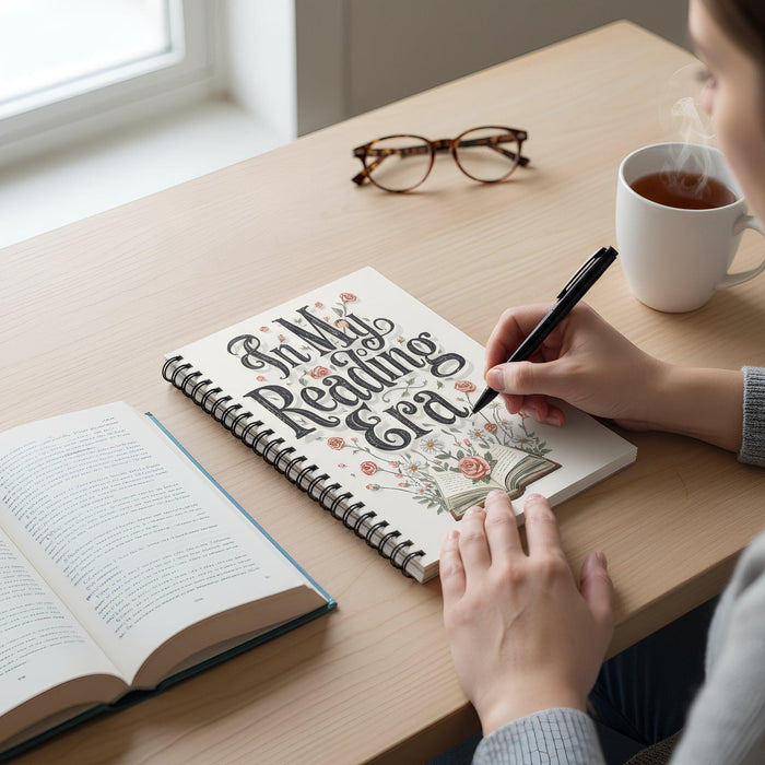 The image is a book cover for a reading journal with a floral design and an open book illustration.
