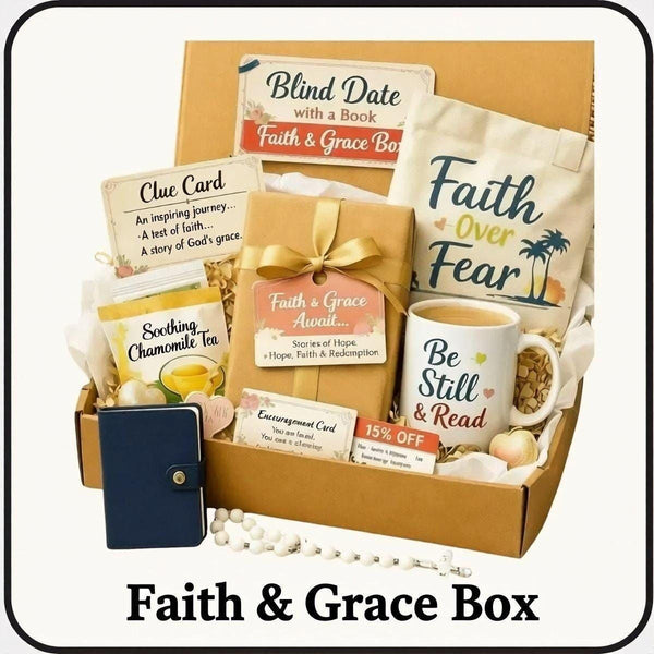 A gift box containing various items related to faith and grace, including a book, a mug, a card, and other small items.