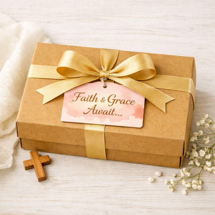 A gift box containing various items related to faith and grace, including a book, a mug, a card, and other small items.