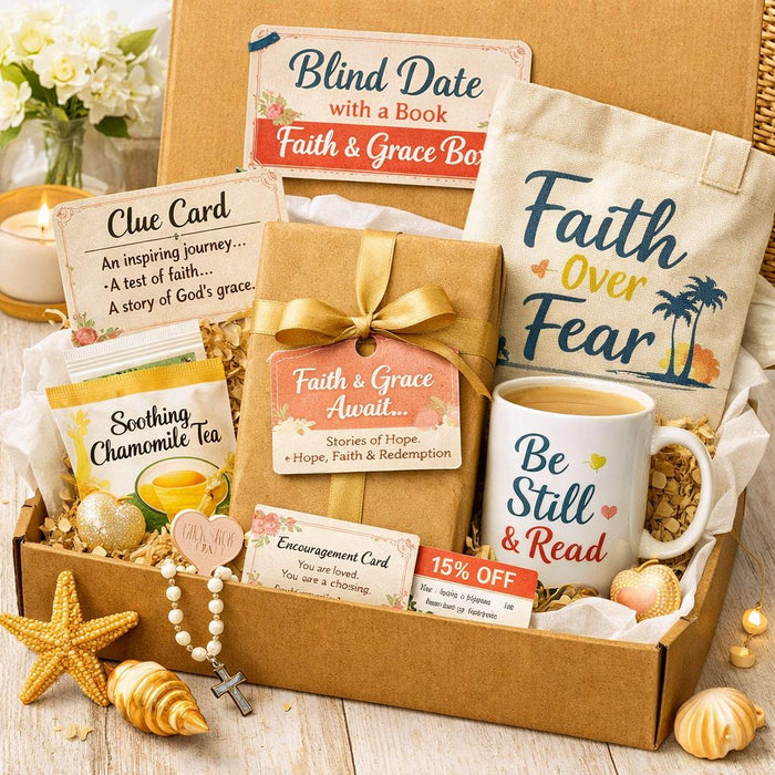 A gift box containing various items related to faith and grace, including a book, a mug, a card, and other small items.